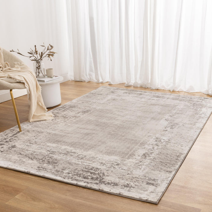 Atina Distressed Border Beige Grey Rug - AT04