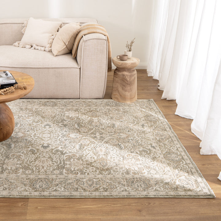 D102- Delphine Regal Green Beige Vintage Rug- New Arrival