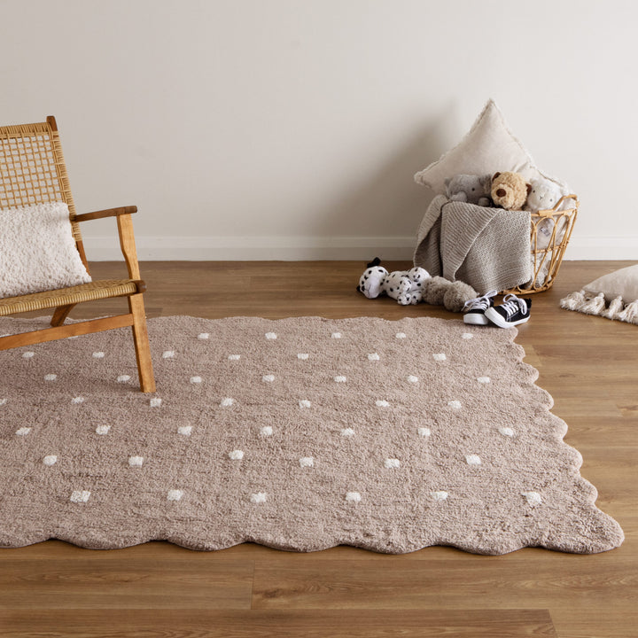 Mellow Rectangle Scalloped Kids Rug Mushroom Beige: New Arrival