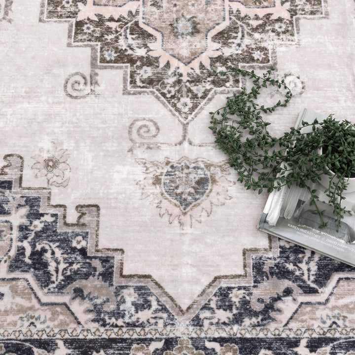 Washwell Beige Grey Machine Washable Rug - WASH004 - New Arrival