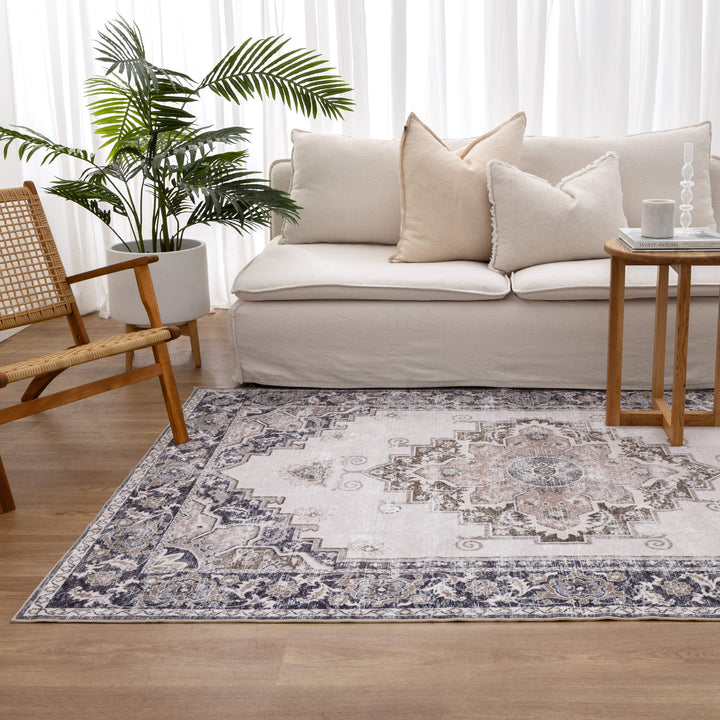 Washwell Beige Grey Machine Washable Rug - WASH004 - New Arrival