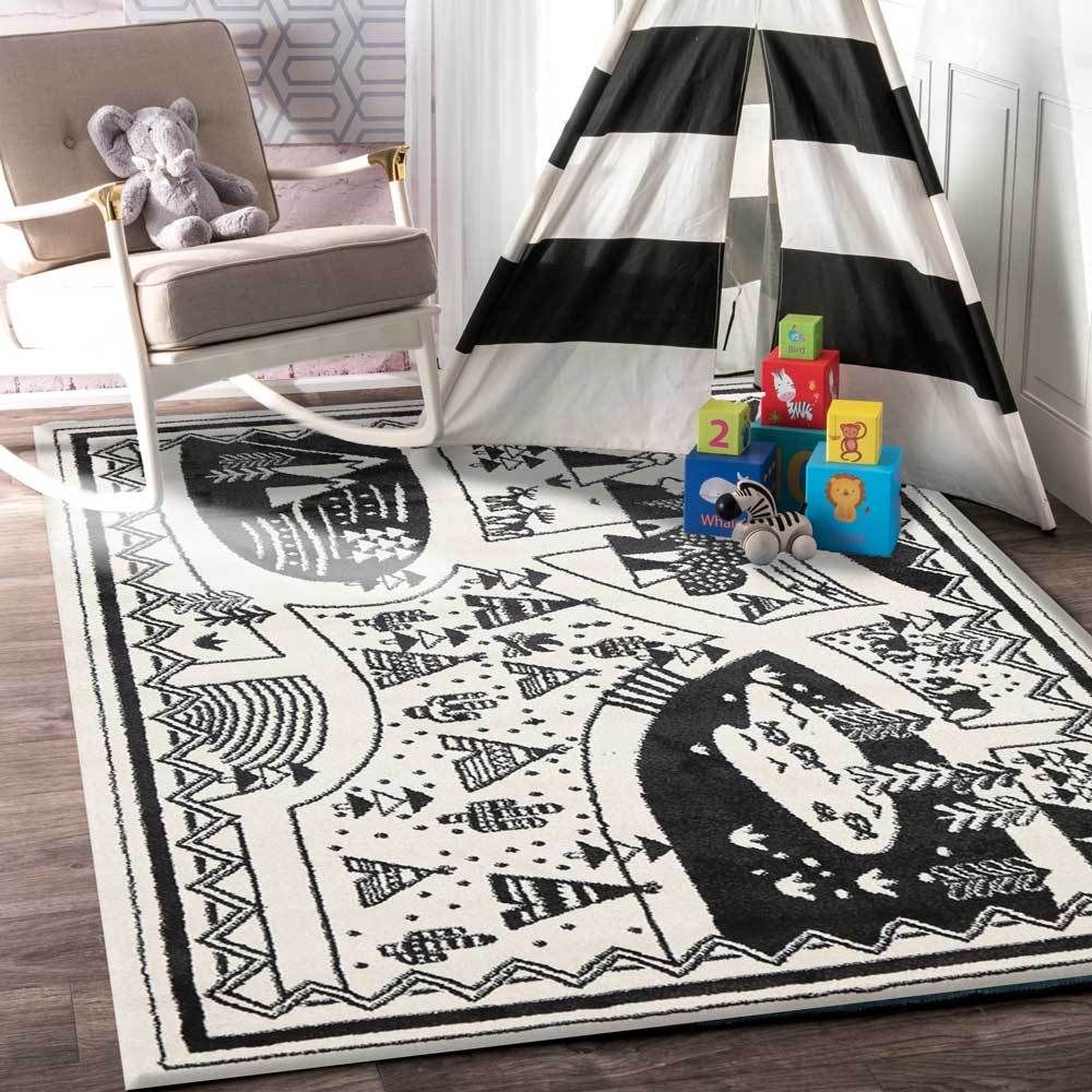 Piccolo Black and White Kids Camping Adventure Kids Rug - 15925 960