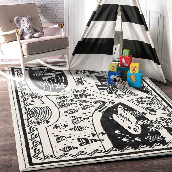 Piccolo Black and White Kids Camping Adventure Kids Rug - 15925 960