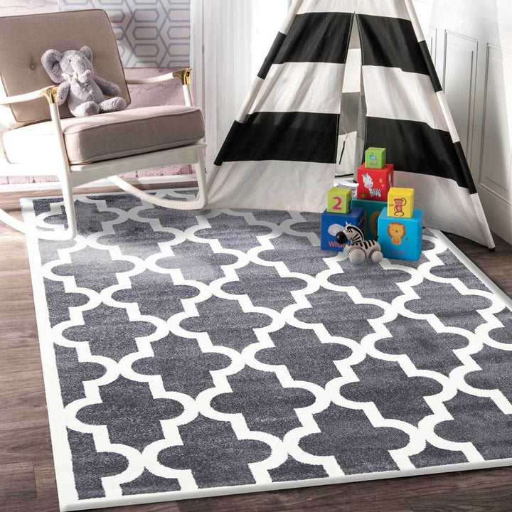 Piccolo Grey and White Lattice Pattern Kids Rug - 2051 895