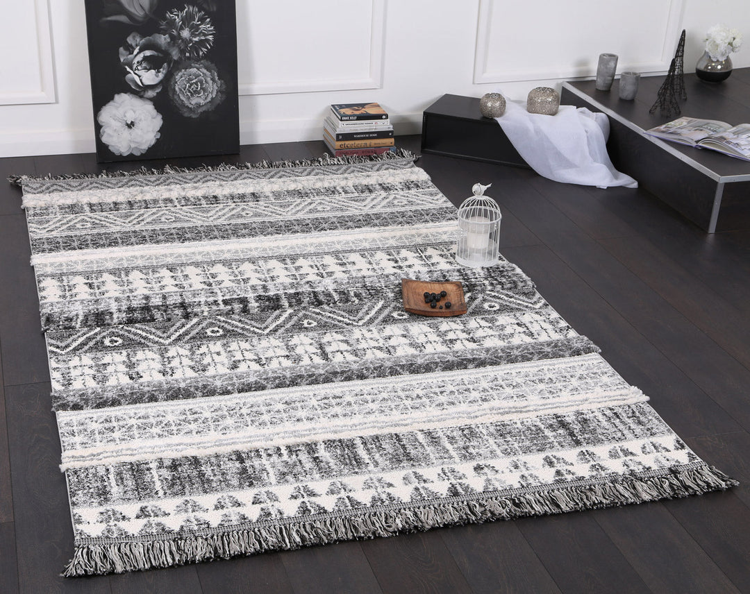 Kaza Tribal Lines Cream Anthracite Rug - 9010A GREY