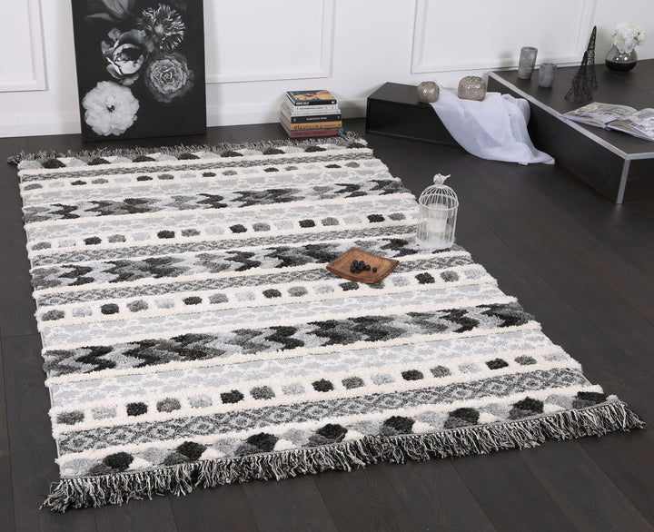Kaza Tribal Carved Cream Anthracite Rug - 9025A GREY