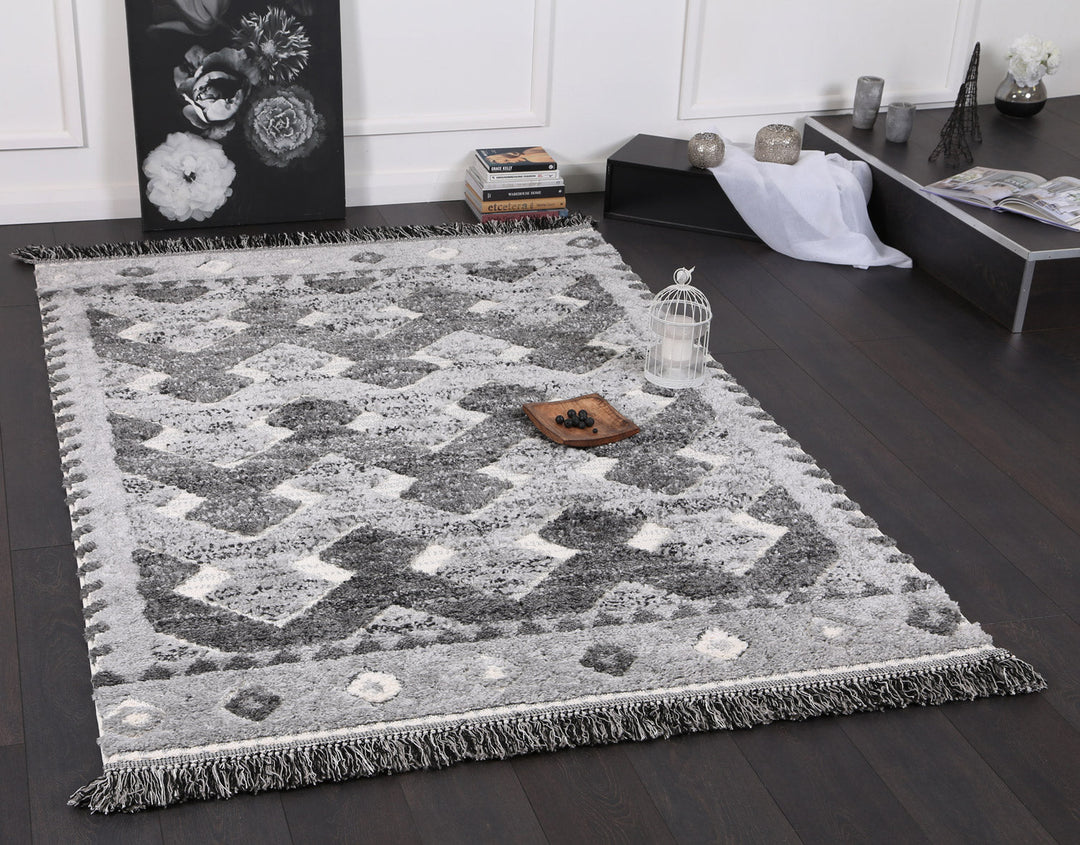 Kaza Tribal Carved Lines Cream Anthracite Rug - 9027B CREA